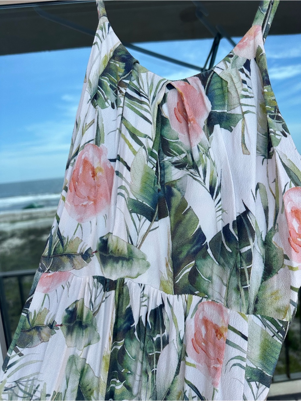Floral White Maxi Dress with Pink Rose Print - Picture 2 of 3